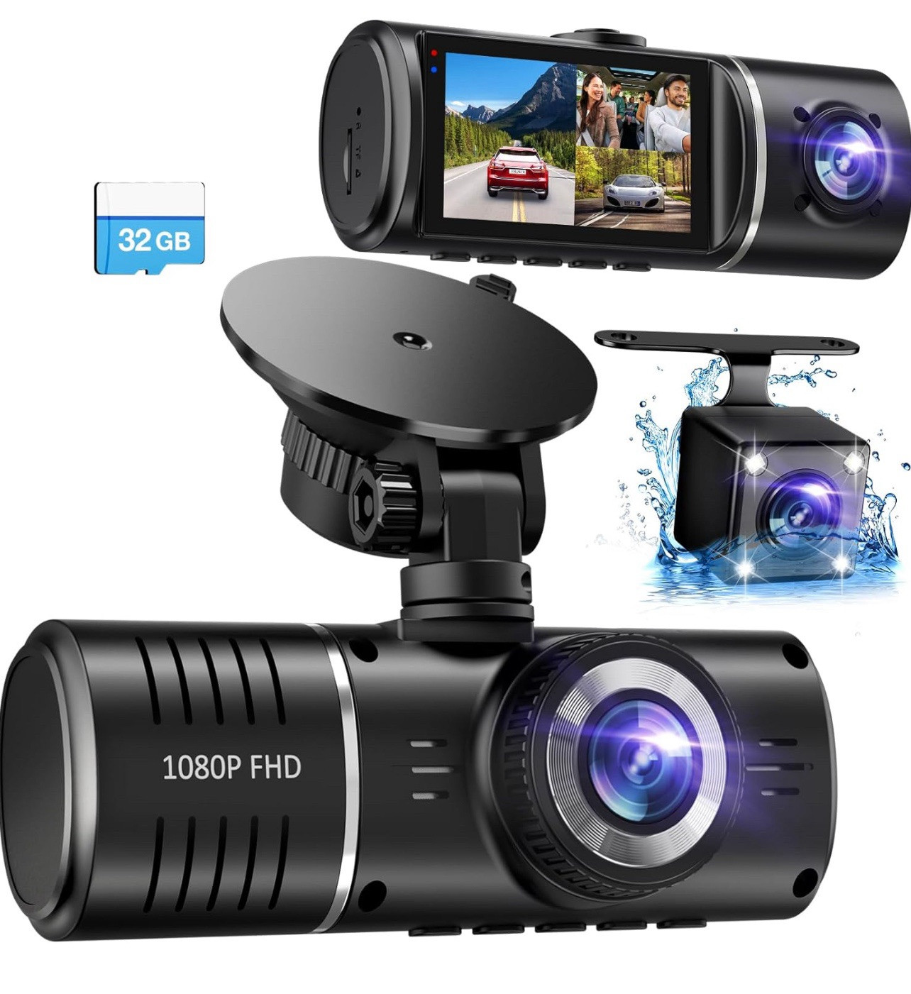 Dual Dash Cam with 1080P Front Rear Inside HDR G-Sensor Loop Recording 32GB Card-image