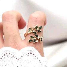 Golden Wrap Ring Green Leaf Pattern Inlaid Zircon Women Girl Adjustable Fashion