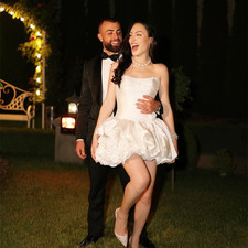 White Satin Short Wedding Dress Strapless Bubble Skirt Bridal Gown For Reception