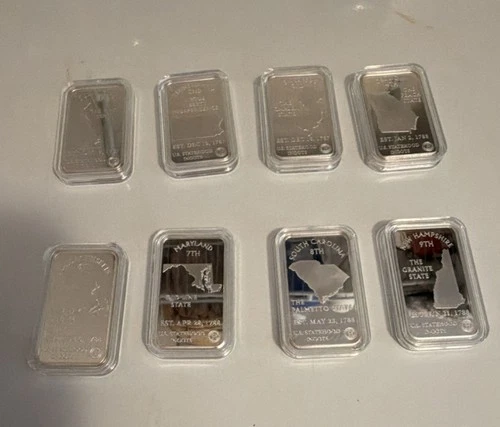 Set of 8 Silver Bullion Bars Statehood Series Commemorative Design