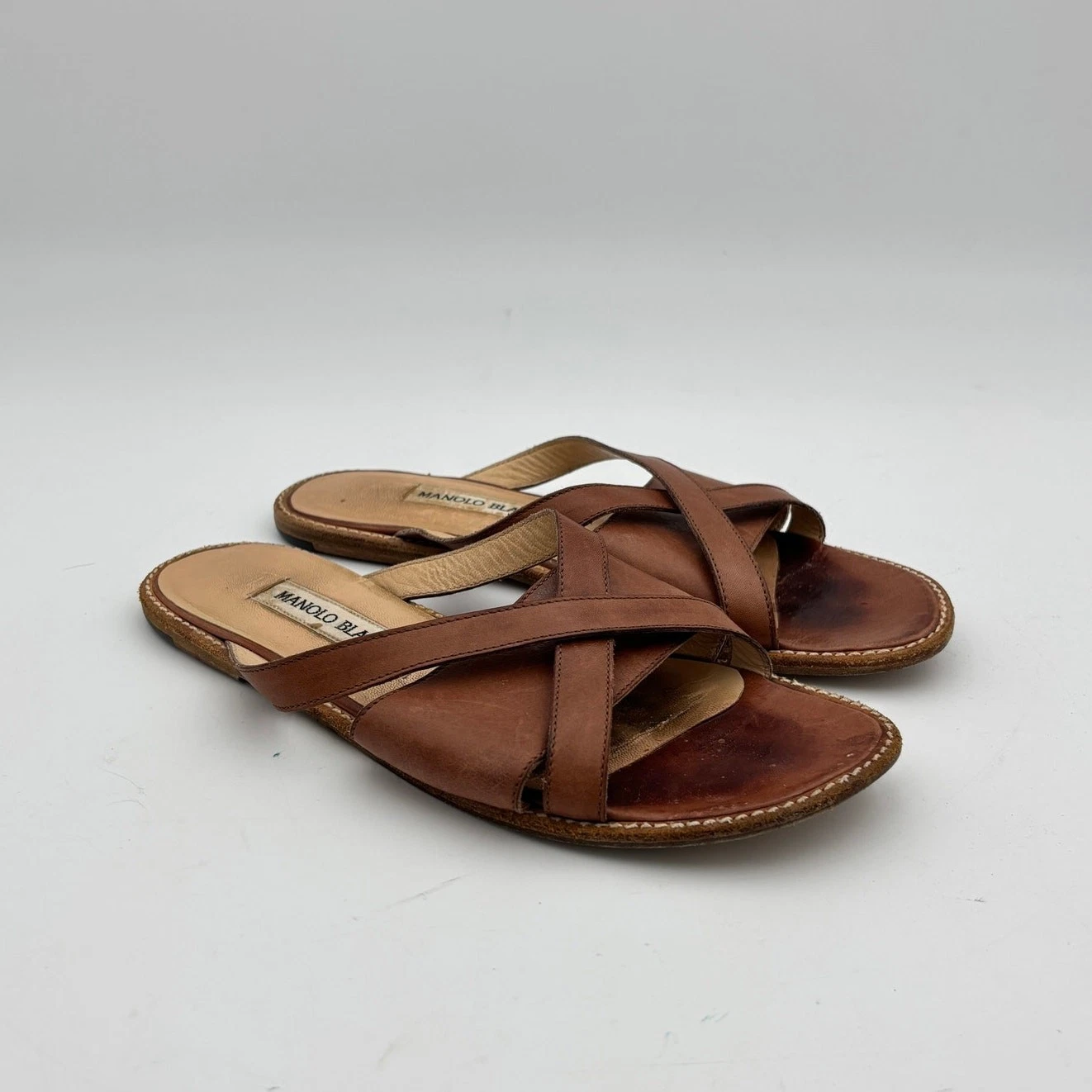 MBT Manolo Blahnik sandali bassi in pelle marrone slide donna 35 5