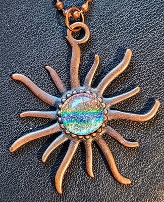 Copper Sun Pendant, Handcrafted Colorful Dichroic Fused Glass w/FREE Necklace