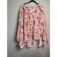Ivy Jane Boho Artsy Womens Pink Floral Tie Neck High Low Blouse XS Made in USA