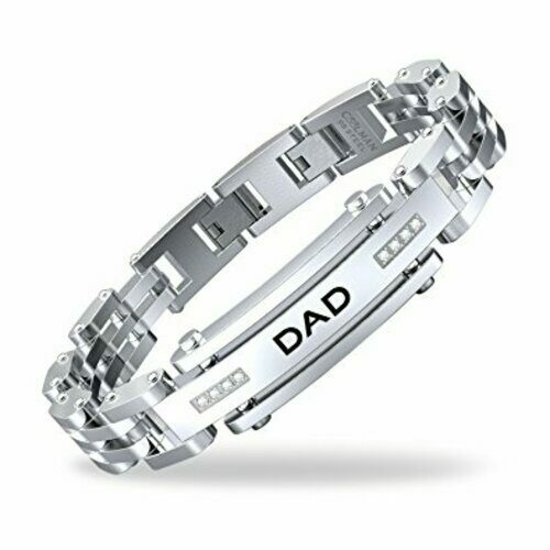 Men's Solid Polished Stainless Steel Dad ID Genuine Diamond Bracelet 9" - Picture 1 of 6