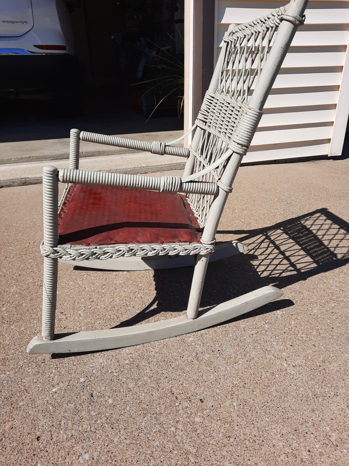 Vintage Childs Wicker Rocking Chair Gray with Burgundy Leather Seat eBay
