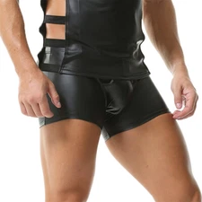 Men Low Rise Slim Boxers Shorts Faux Leather Glossy Underwear Bulge Pouch Trunks