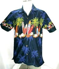 Men's Favant Hawaiian Shirt Sz M Surf Boards Palm Trees Hibiscus GUC