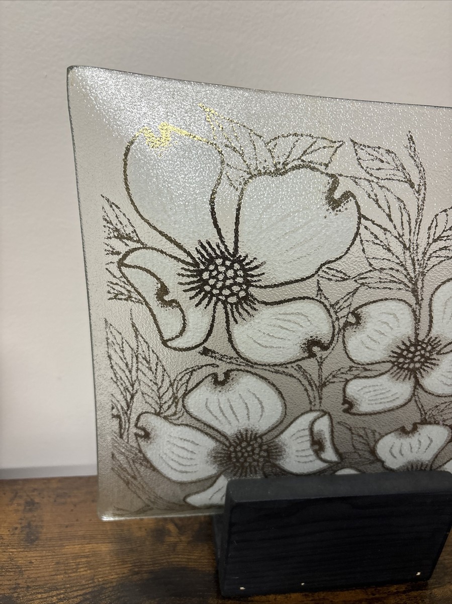Vintage Fred Press Floral Dogwood Glass Serving Platter Tray Gold