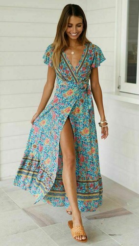 Women V-Neck Dress Wrap Floral Maxi 