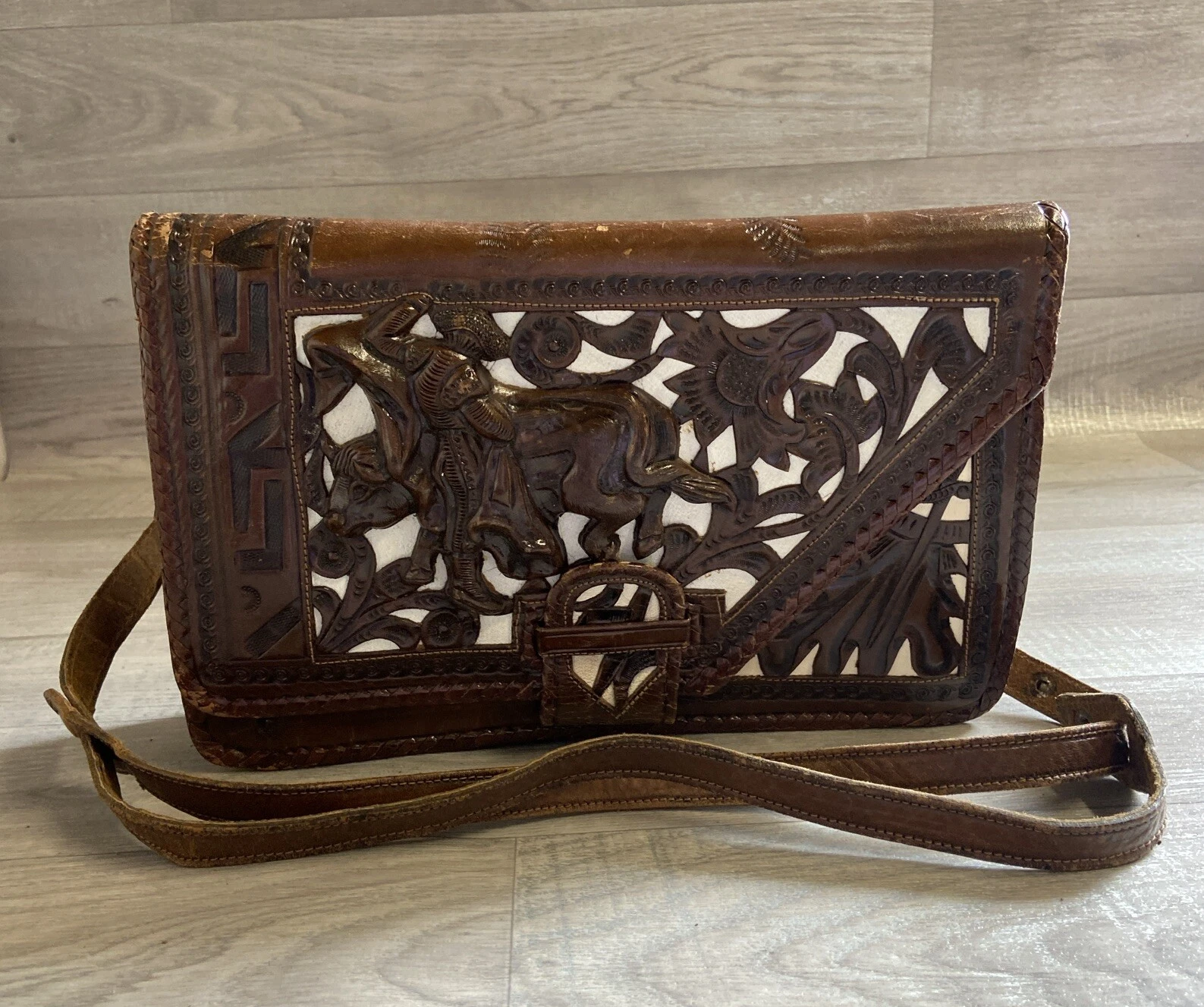 Vintage Hand Tooled Mexican Leather Handbag Souvenir Matador Bullfighting Design