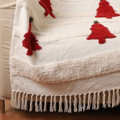 Marfil con tela roja algodón decoración del hogar mantas acolchadas manta boho - Imagen 2 de 4