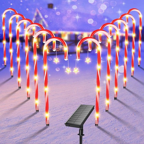 Solar Candy Cane Pathway Lights Christmas 12 Pack Outdoor Garden Decations Modes