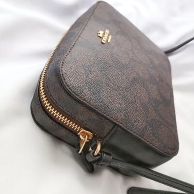 New COACH MINI CAMERA BAG IN SIGNATURE CANVAS BROWN BLACK 91677