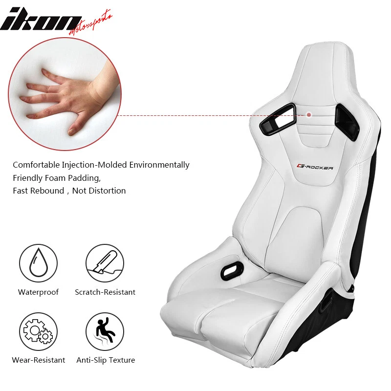 Universal Recline Bucket Racing Seat White PU & Dual Slider Buckle Style Belt x2 — 第 2/4 张图片
