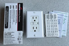 NEW COOPER VGF15W GFCI DUPLEX RECEPTACLE AND WALL PLATE WHITE 15A 2 Pole 3 Wire