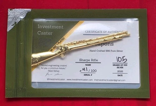 Investment Caster - Sharps Rifle - 10.5 Gram .999 Fine Silver Bar 24k Gold COA