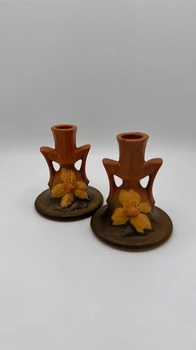 1940s Roseville Pottery Autumn Brown Clematis Candleholder Pair 1159-4.5