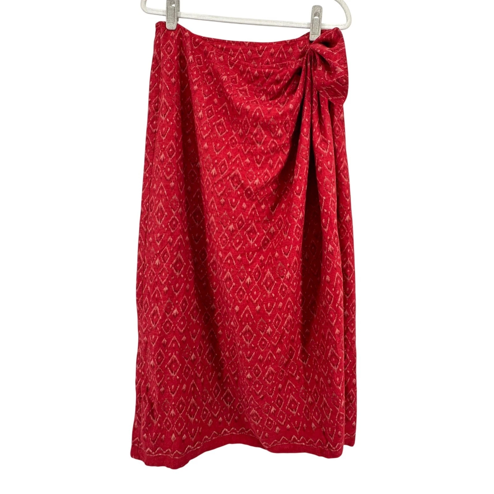 Coldwater Creek Wrap Skirt Women L Red Ikat Linen Blend Side Knot Boho Coastal