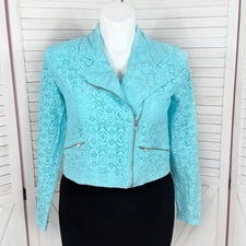 Cato Jacket Women Large Blue Moto Lace Full Zip Cropped Turquoise Teal Boho