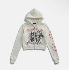 Ed Hardy Ivory Horse Cropped Zip Up Hoodie