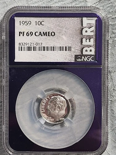 1959 Roosevelt Dime PF 69 CAMEO NGC (BERT Trader Bea PURPLE CORE)