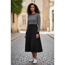 Talbots Sweater Dress Womens Size L Gray Black Colorblock L/S Midi Careercore