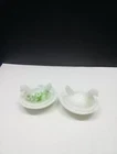 Vintage Milk Glass Hen On Nest Green Speckled Set Of 2  2.5" Wide.