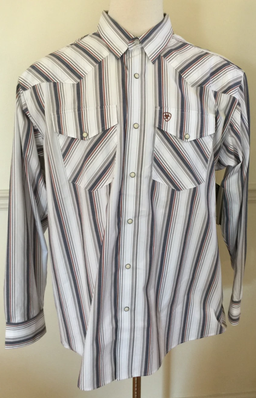 NWT Men ARIAT PRO Long Sleeve L/S Shirt Warrick White Stripe Snap Front Classic