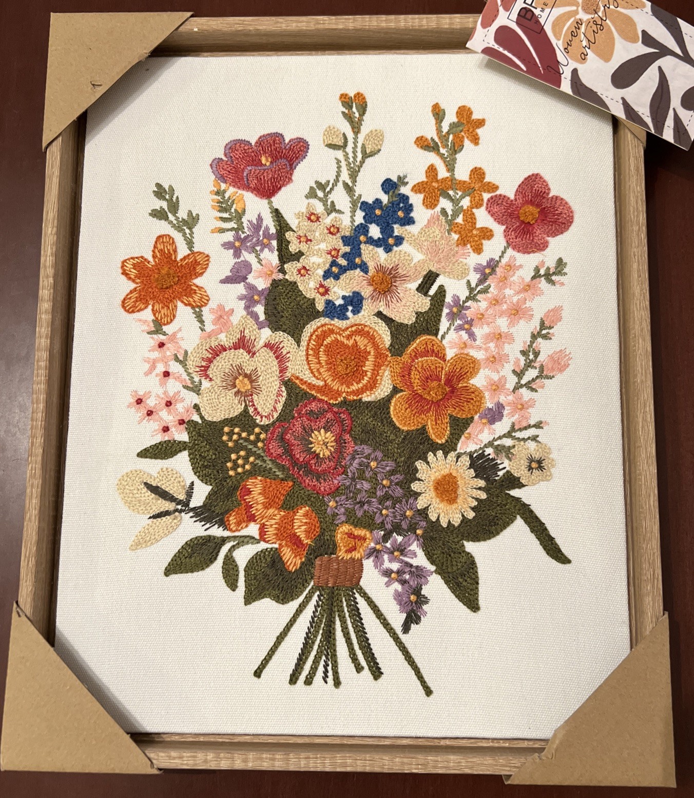 New BP Home Woven Embroidered Textile Bouquet Flowers Wall Art  12” x 15” 