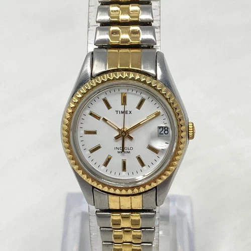 Vtg Timex Easy Reader Watch Women Silver Gold Tone Date Indiglo New Battery 2003