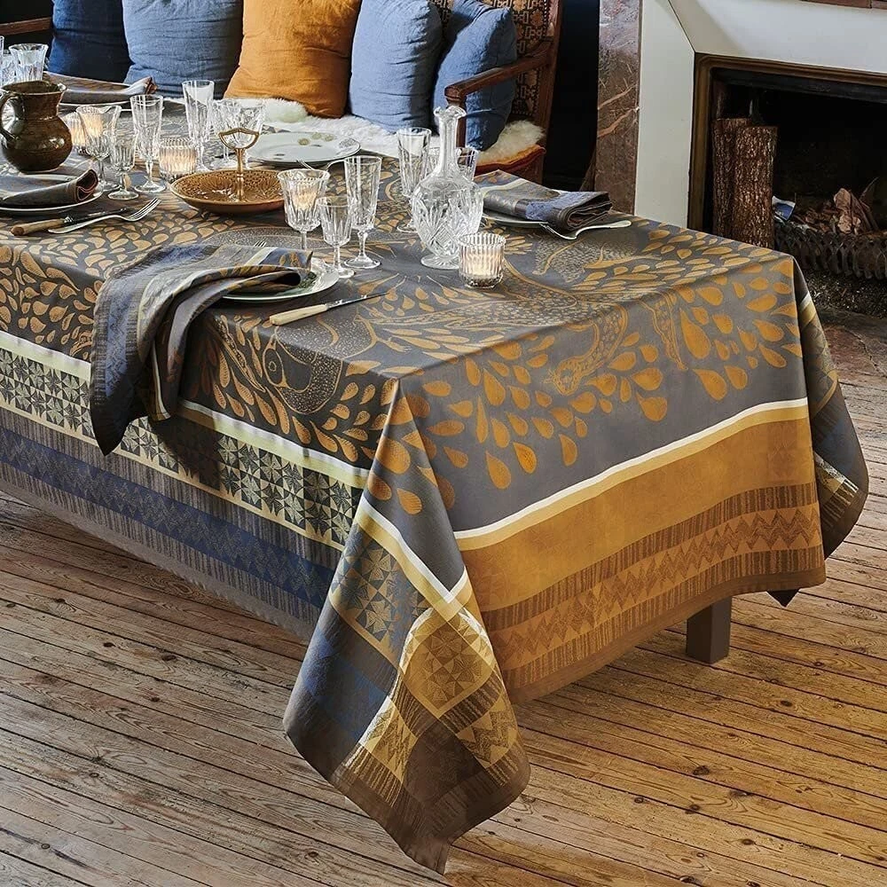 Garnier Thiebaut Jacquard Square Tablecloth Anhinga Bleu Dore - Thumbnail 4