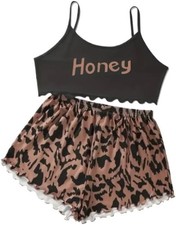 New Women's Cami and Shorts Honey Leopard Print Sleepwear Pajama Set Large