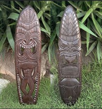 Tribal Tiki Bar Surfboard Wood Carvings Wall Plaque Decor 39"x 10" Set of 2