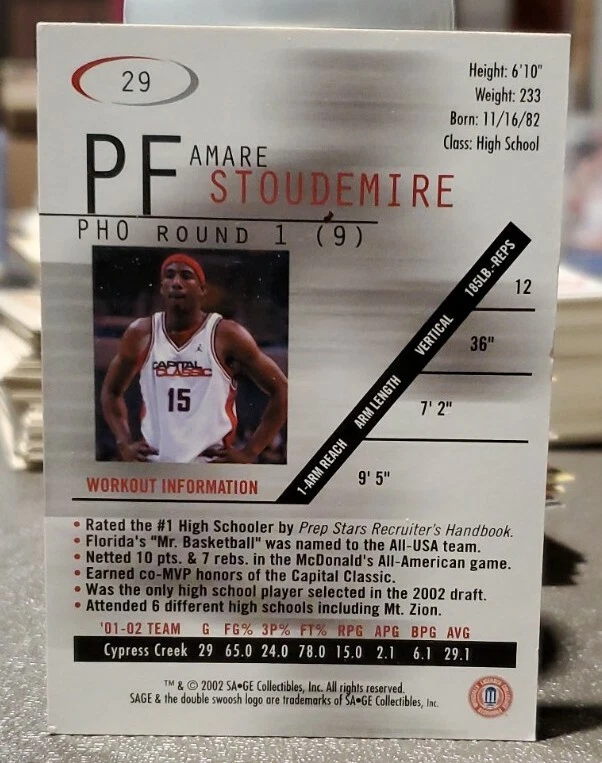 2002 SAGE Phoenix Suns Basketball Card #29 Amare Stoudemire /2900 - Image 2 of 2