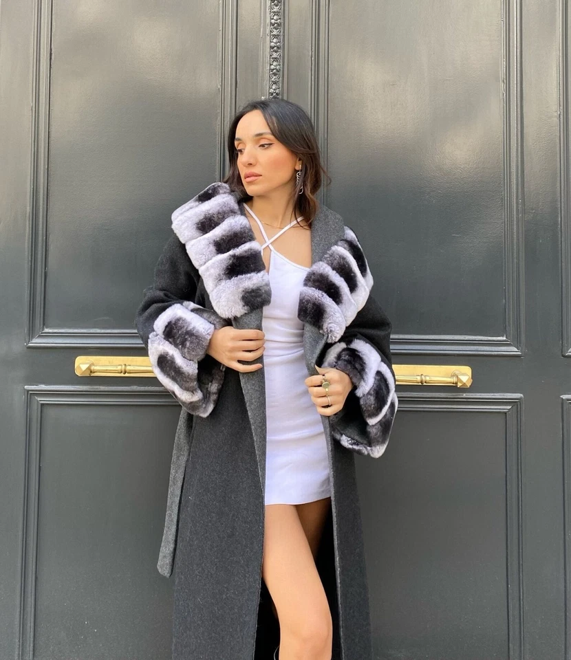 100% Alpaca Women's Winter Coat Rex Rabbit Fur Long Overcoat Soft Stylish Black - Image 4 of 4