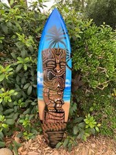Tiki Statue Tropical Airbrushed Mango Wood Decorative Surfboard Plaque 39"