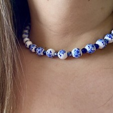 Blue Floral Beaded Necklace Adjustable Handmade Necklace For Women Gift For Her