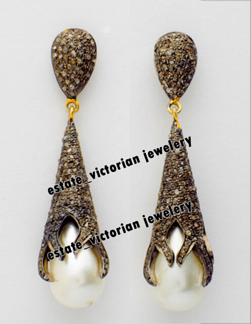 Victorian 3.95Ctw Rose Cut Diamond Pearl Studded Silver Gorgeous Earring Jewelry