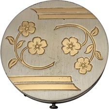 Vtg Powder Compact Round Brushed Polished Gold Tone Floral Vanity Midcentury USA