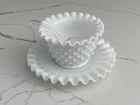 Vintage Fenton Hobnail Milk Glass Mayo Condiment 3 pc Set Bowl Underplate Spoon