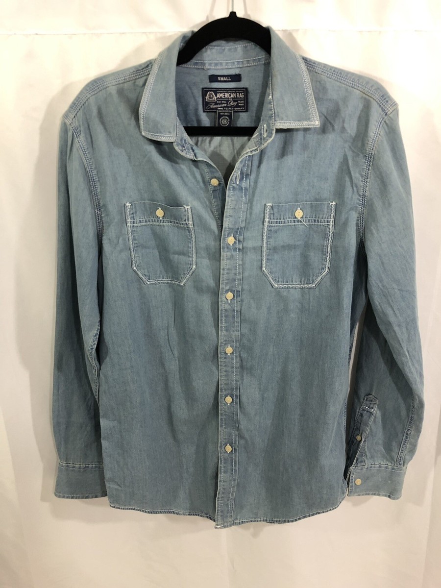 American Rag Mens Blue Denim Button Up Shirt Long Sleeve Size