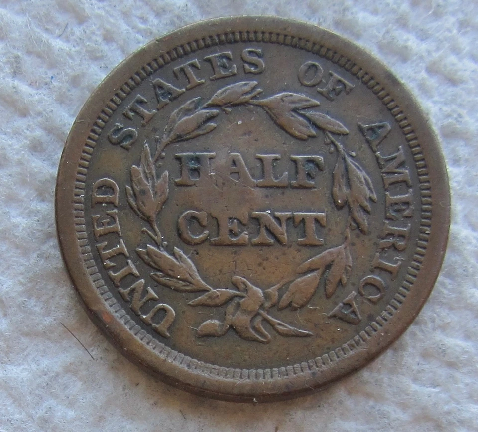1857 1/2C BN Braided Hair Copper Half Cent Rare Key Date Counter Stamp Damaged - Image 2 of 3