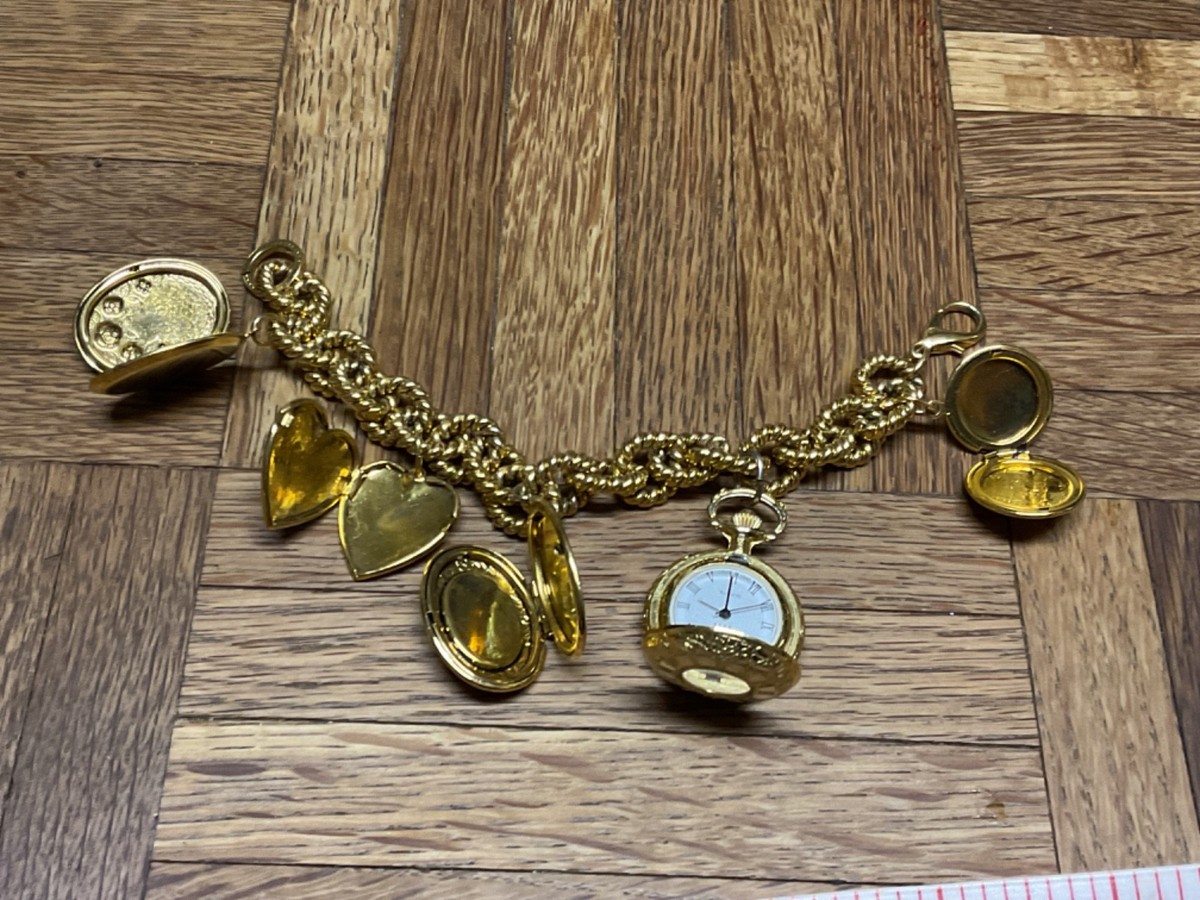 Vintage Robert Rose Quartz Watch & Lockets  Charms Bracelet Heavy Gold Metal View 4