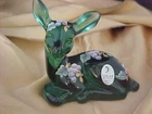 Fenton Glass Fawn/Deer Figurine In Iridescent "Green" Hand Painted/Signed