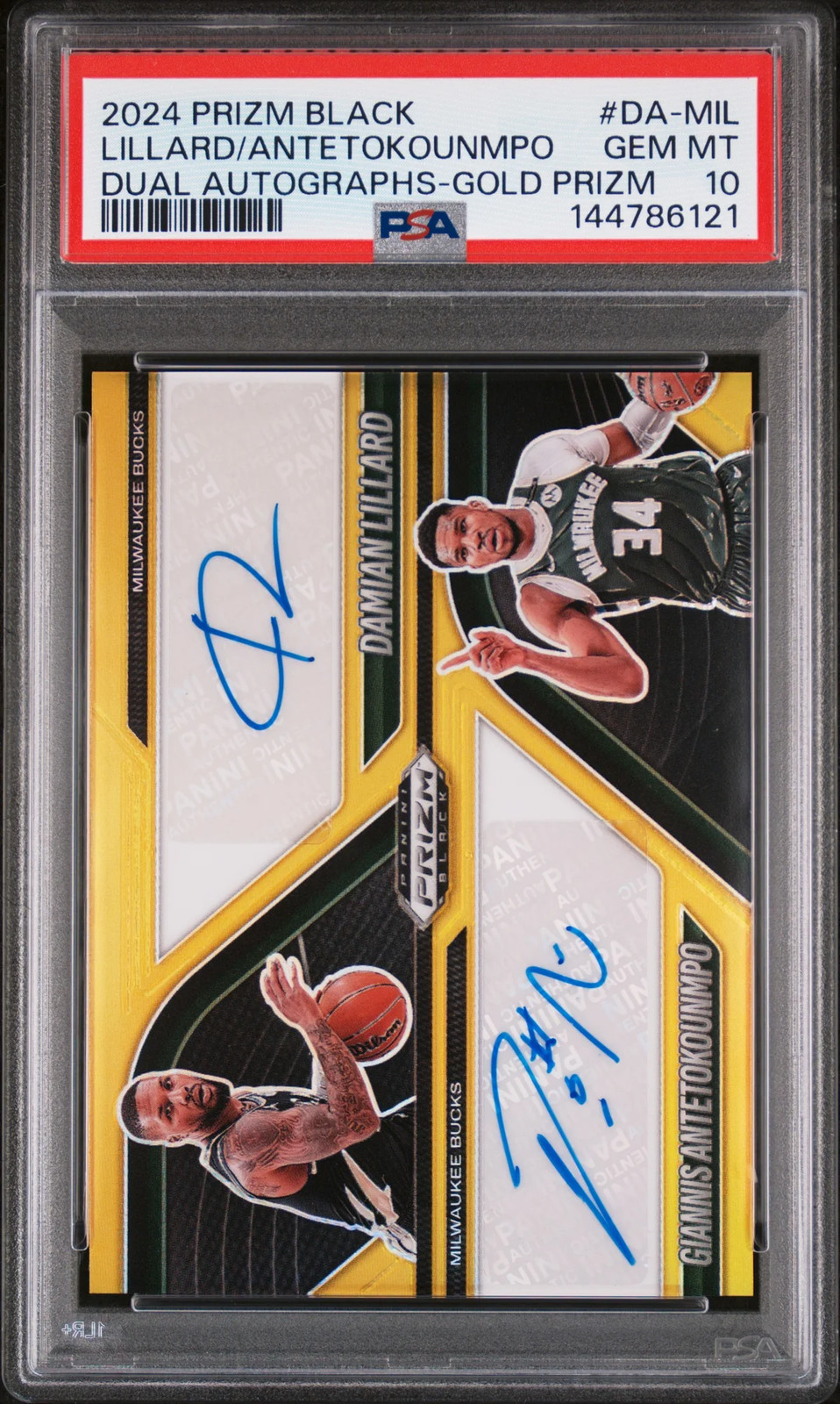 2024 GIANNIS ANTETOKOUNMPO DAMIAN LILLARD PRIZM BLACK GOLD AUTO /10 PSA 10