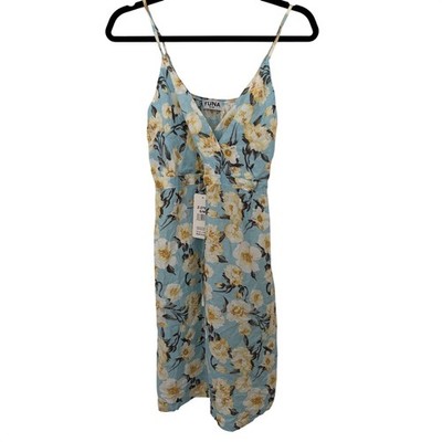 Yuna Floral Mini Sun Dress Light Blue Yellow Surplice V-Neck NWT S/M Summer