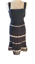 LELA ROSE Gorgeous Black Midi Dress With Silver Metallic Trim