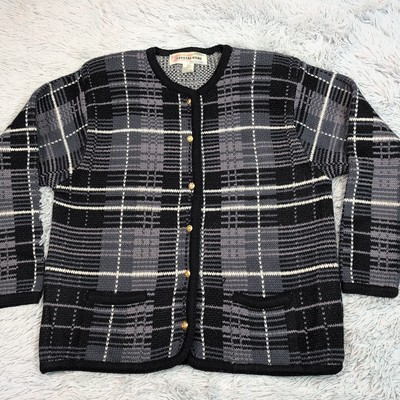 Vintage Crystal Kobe Sweater Womens L Black Gray Cardigan Button Up Cozy Grandma