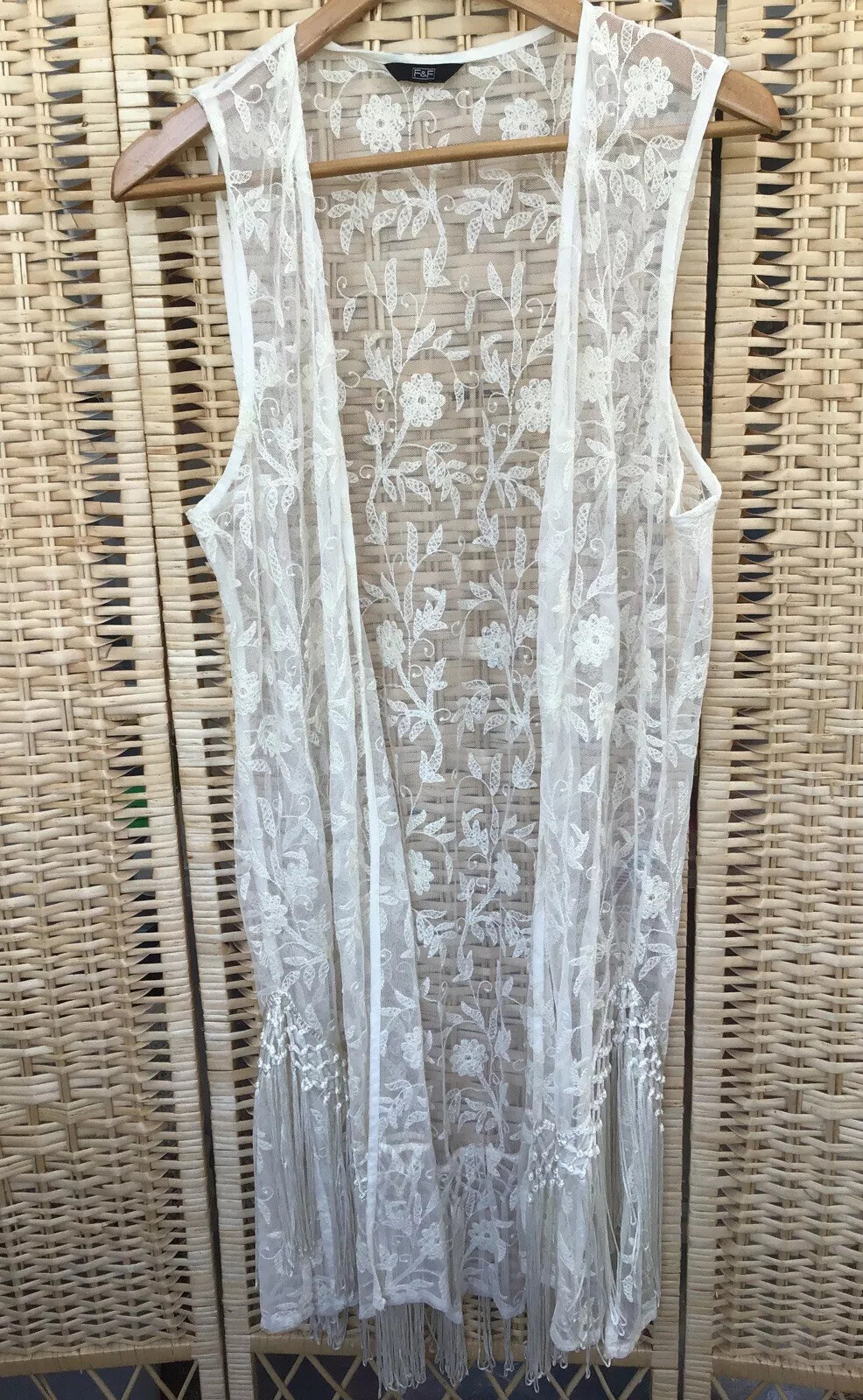 Tesco Fu0026amp;F XL Cream Ivory Sheer Long Sleeveless Cardigan Cover Up  Tassels | eBay