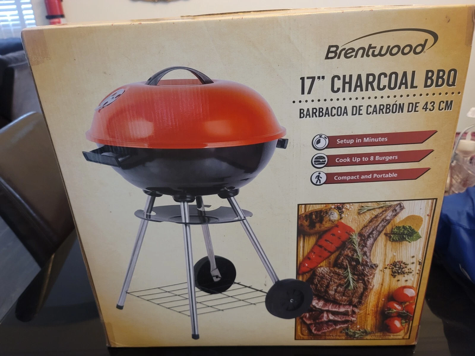 Brentwood 17" charcoal bbq. Portable. Built in wheels. New in box. Sealed.